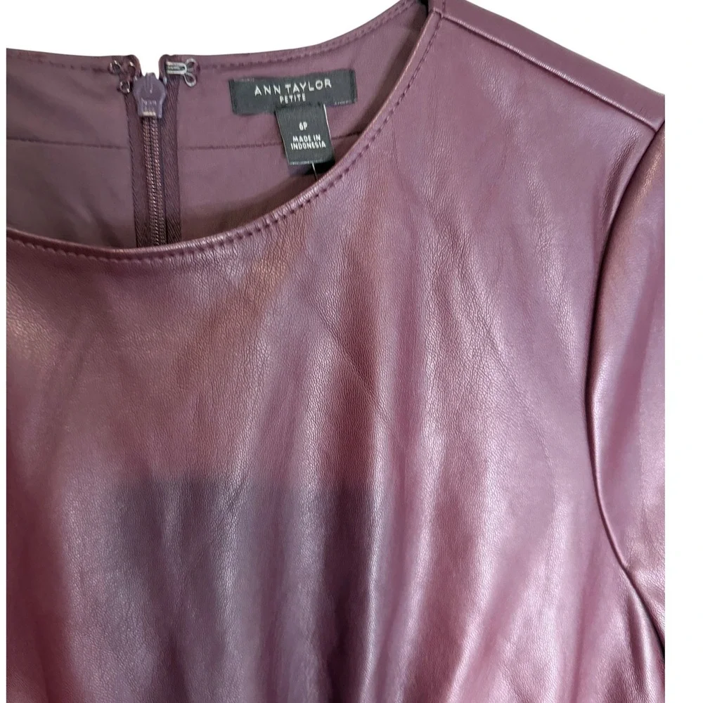 NWT Ann Taylor Petite Faux Leather Flounce Hem Dress Burgundy Wine 6 Work Office